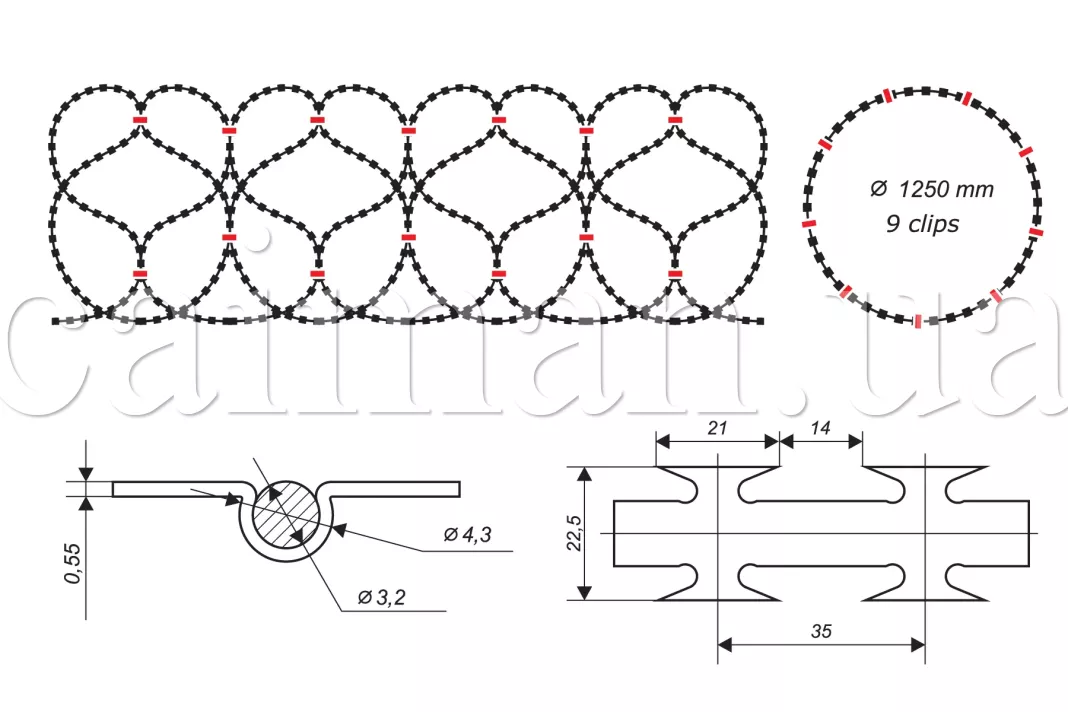 Diagrama de la barrera de alambre de concertina Egoza-Alligator 1250/9